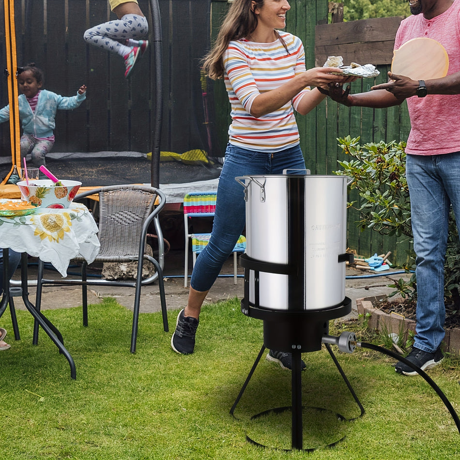 30Qt 2 Piece Set Gas Turkey Fryer Kit   Black Round Steel Burner Stand With Silver Aluminum Pot