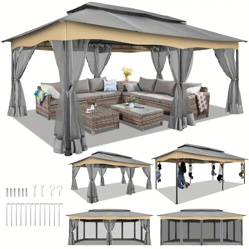 12X20Ft Outdoor Gazebo Patio Double Tier Roof Gazebo Tent   Metal Steel Frame   For Lawn Backyard Patio And Deck   Suitable For Parties Weddings Outdoor Events   Perfect Gift For Garden Lovers Grey Color