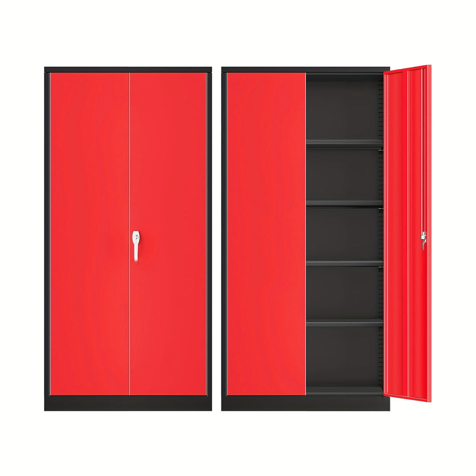 71 Tall Heavy Duty Metal Storage Cabinet   Locking Doors 4 Adjustable Shelves Ideal For Home Office Garage Organization Black Red