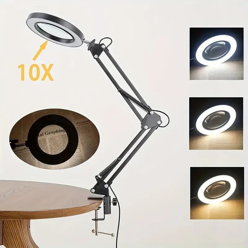 1Pc 10X Led Lighted Magnifying Glass With Adjustable Stand   Usb Powered 3 Color Modes Stepless Dimming 360 Rotation Sleek Design For Home Use