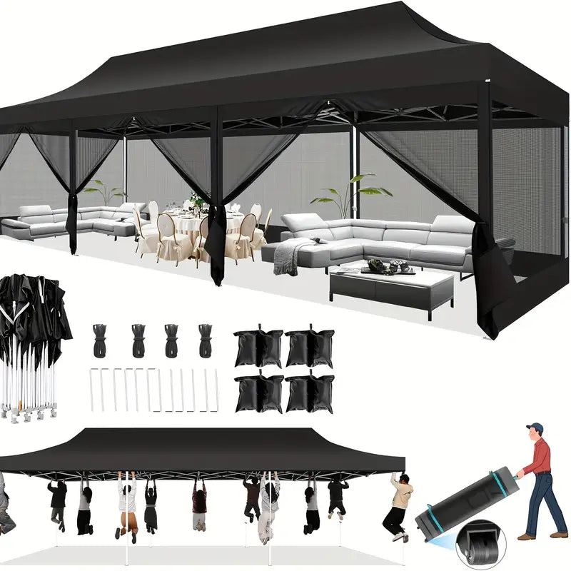 10X30 Pop Up Canopy Tent With Sidewalls Heavy Duty Easy Up Outdoor Gazebo Canopy With Mosquito Net Screen Tents For Parties Commercial Party Tent For Backyard With Roller Bag Sun Shelter For Beach And Outdoor Camping Black Color