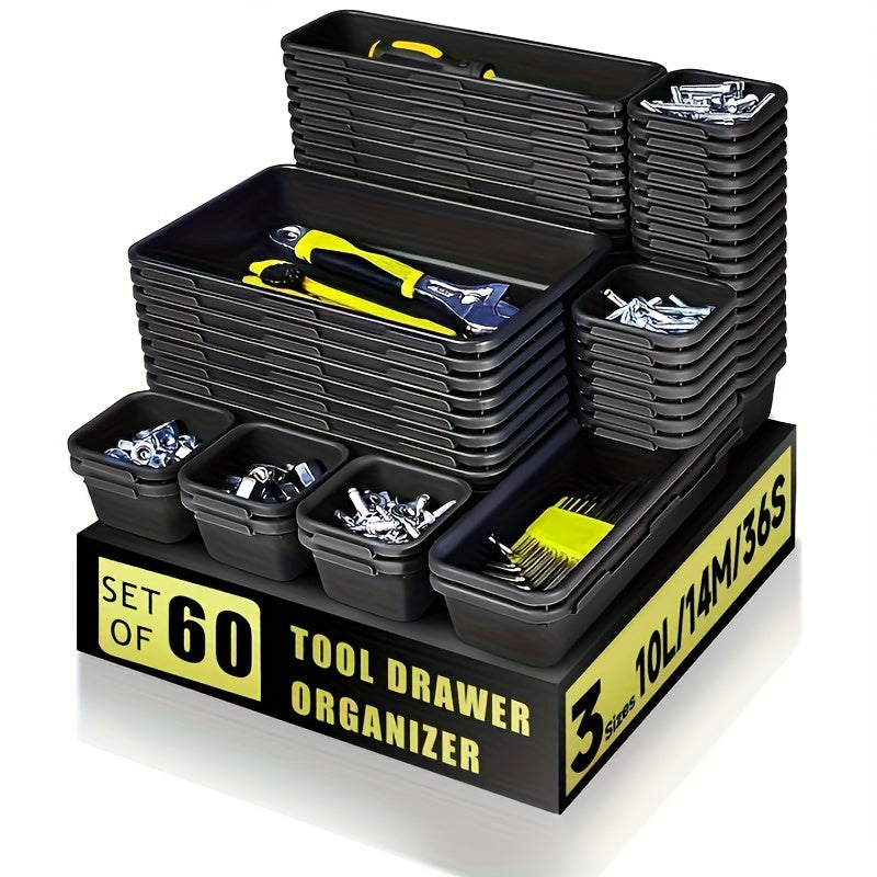60Pcs Set Plastic Tool Drawer Organizer Trays With 36 Compartments Stackable Storage For Tools Parts Versatile Design Black