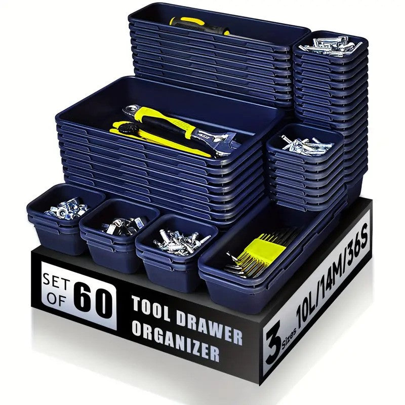 60Pcs Set Plastic Tool Drawer Organizer Trays With 36 Compartments Stackable Storage For Tools Parts Versatile Design Blue