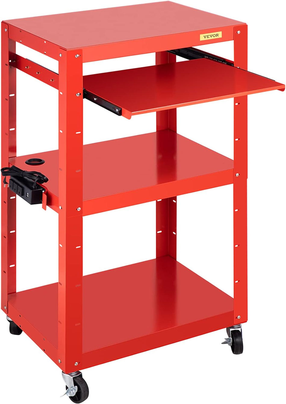 Steel Av Cart 27 41 Height Adjustable Media Cart With 19 X 14 Retracting Keyboard Tray 24 X 18 Presentation Cart With 3 Shelves 150 Lbs Weight Capacity Red