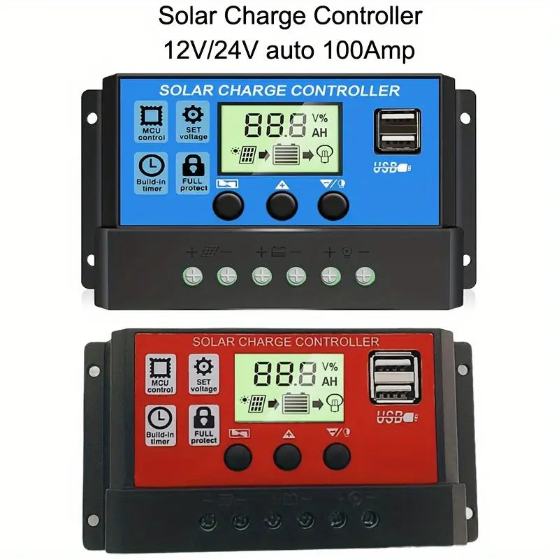 2Pcs 60A 100A 12V24V Solar Charge Controller Pwm Solar Panel Controller With Adjustable Lcd Display Compact Design Dual Usb Port Timer Setting Pwm Auto Parameter Compatible With Sealed Gel Flooded 100 Amp