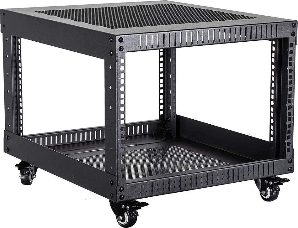 6U Standing Open Frame Rack With 4 Wheels And 4 Posts   Steel Network Equipment Rack 1775 Inch Deep