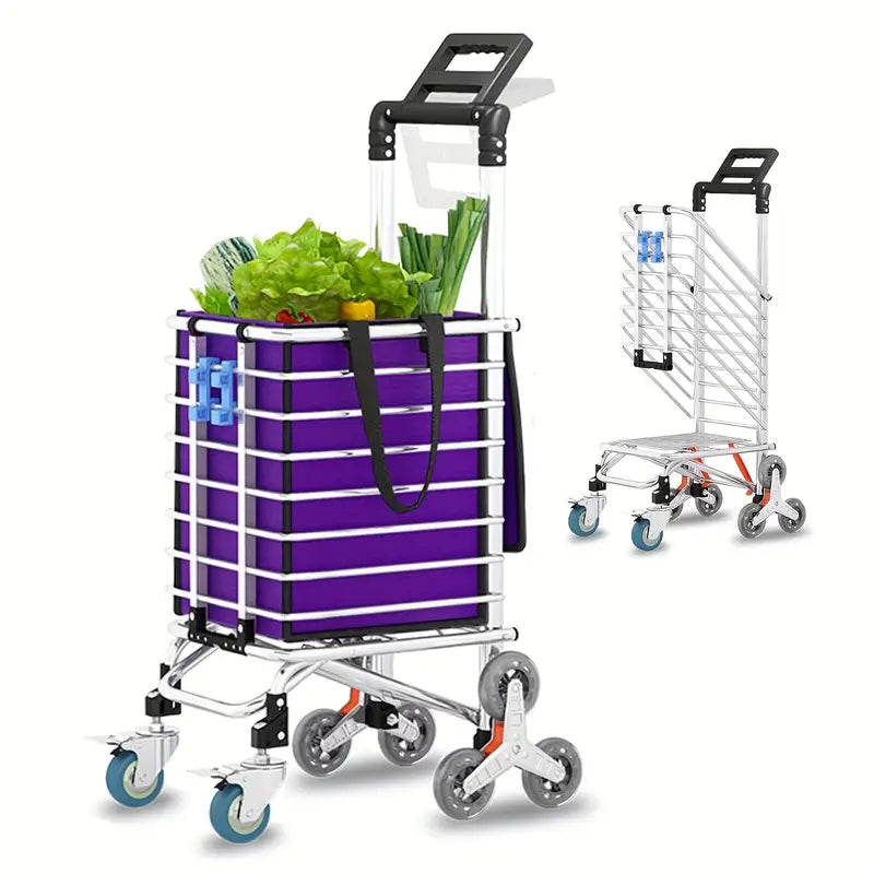 1Pc Durable Metal Folding Shopping Cart With Brake Wheels Lightweight Utility Trolley Collapsible Grocery Cart For Laundry Condo Camping And Transport Purple Color
