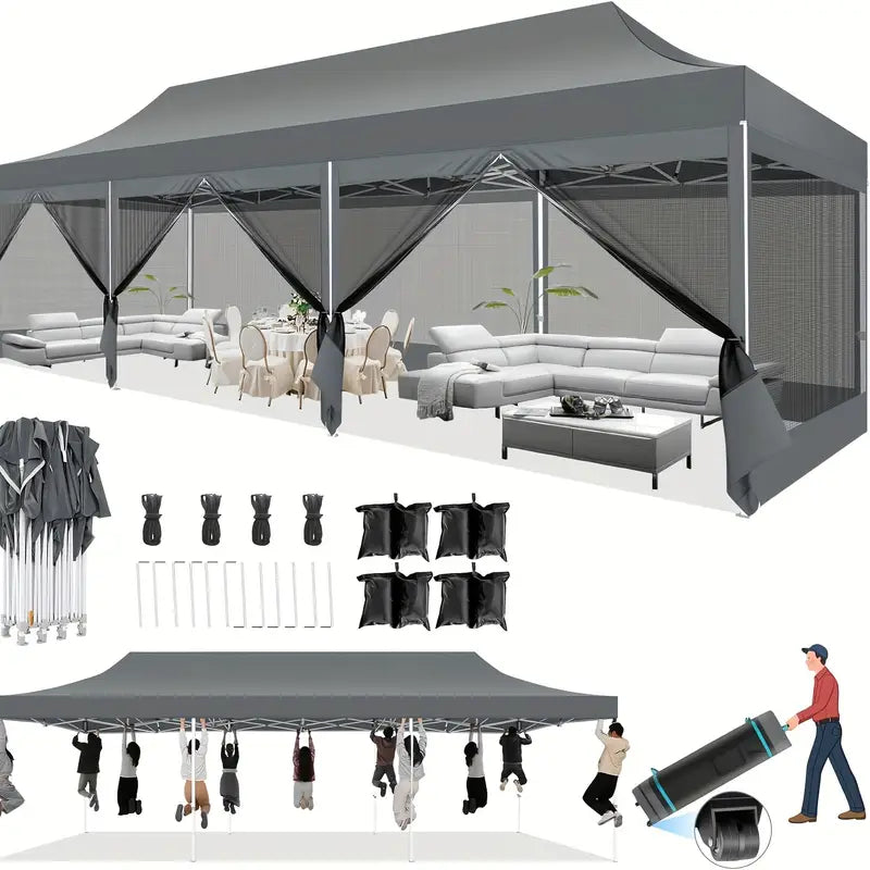 10X30 Pop Up Canopy Tent With Sidewalls Heavy Duty Easy Up Outdoor Gazebo Canopy With Mosquito Net Screen Tents For Parties Commercial Party Tent For Backyard With Roller Bag Sun Shelter For Beach And Outdoor Camping Grey Color