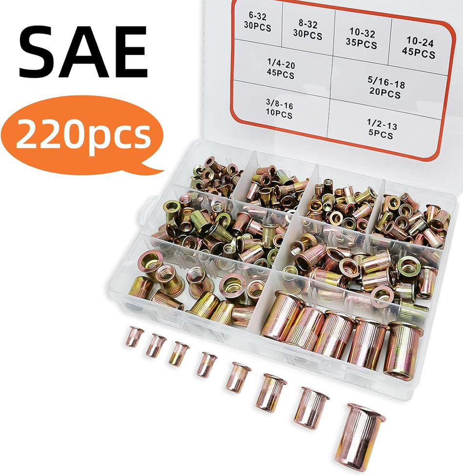 Sae Rivet Nut Kit 220Pcs Rivet Nuts Assortment Kit Rivnut Kit Nutsert Kit Rivnuts Nutserts Kit Flat Head 6 32 8 32 10 32 10 24 14 20 38 16 516 18 12 13