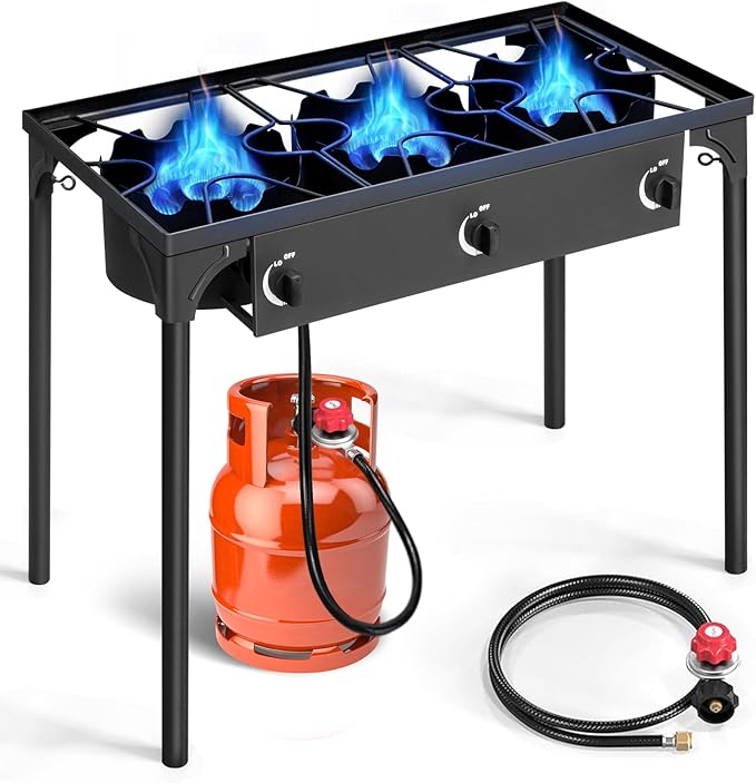 3 Burner Propane Gas Stove For Outdoor Cooking 225 000 Btu Camping Cooker With Removable Legs Adjustable Psi Regulator For Backyard Cooking Bbq Baking Frying