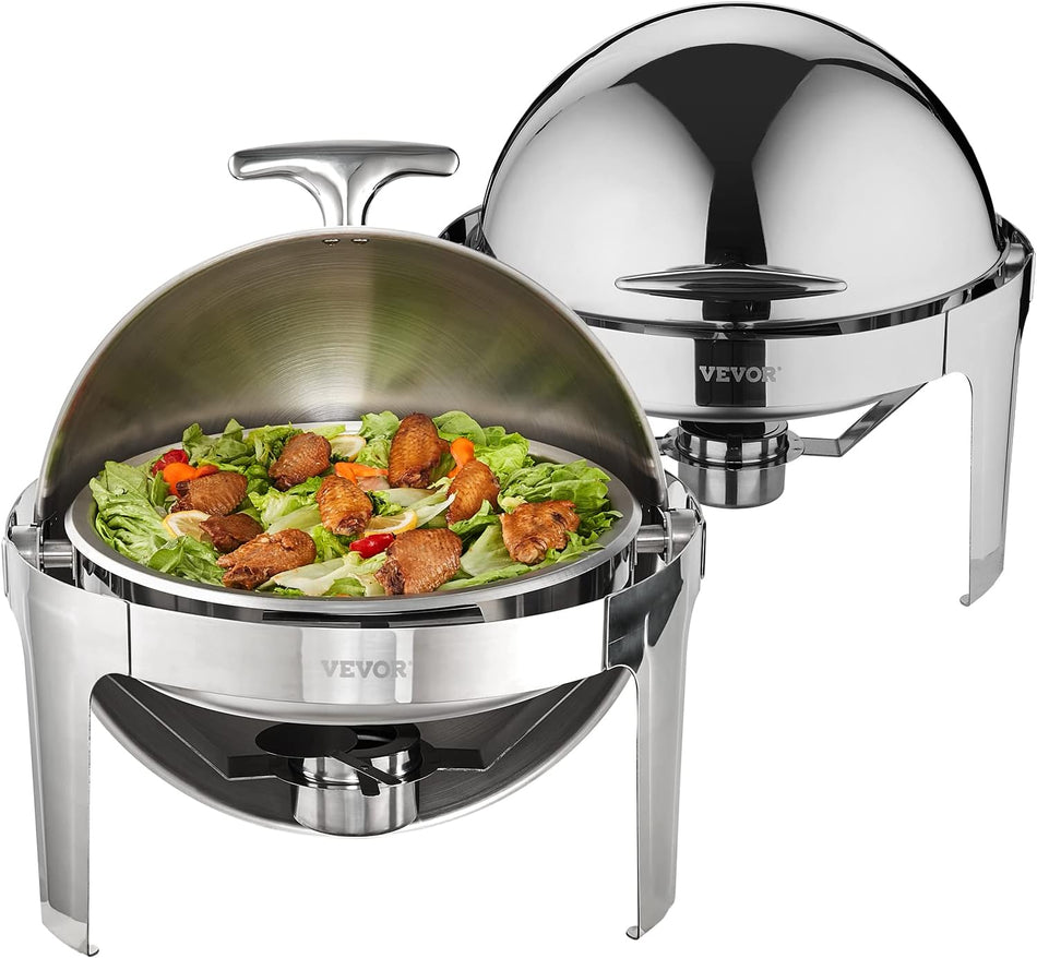 Roll Top Chafing Dish Buffet Set 6 Qt 2 Pack Stainless Steel Chafer With 2 Full Size Pans Round Catering Warmer Server With Lid Water Pan Stand Fuel Holder For At Least 5 People Each