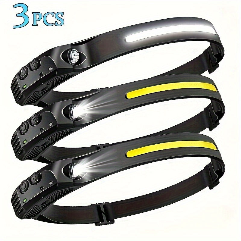 3Pcs Powerful Led Multi Mode Induction Headlight Outdoor Motion Sensor Headlamp Rechargeable For Running Camping Hiking Etc