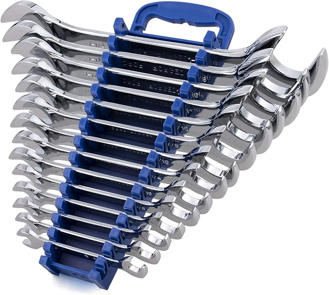 14 Piece Premium Angle Head Open End Wrench Set Chrome Vanadium Steel Include Standard Inch Sizes 38 716 12 916 58 1116 34 1316 78 1516 1 1 116 1 18 1 14 With Storage Rack