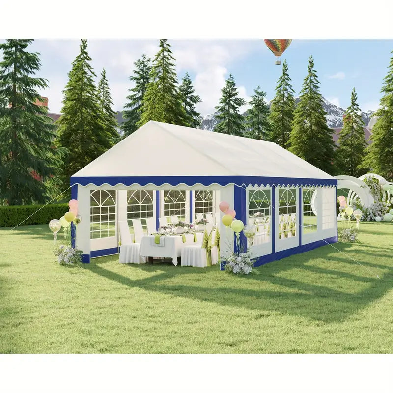 White And Blue Striped Large Party Tent Outdoor Event Shelter With Sidewall Windows 2 Side Doors For Garden Patio 13 X 26 Ft