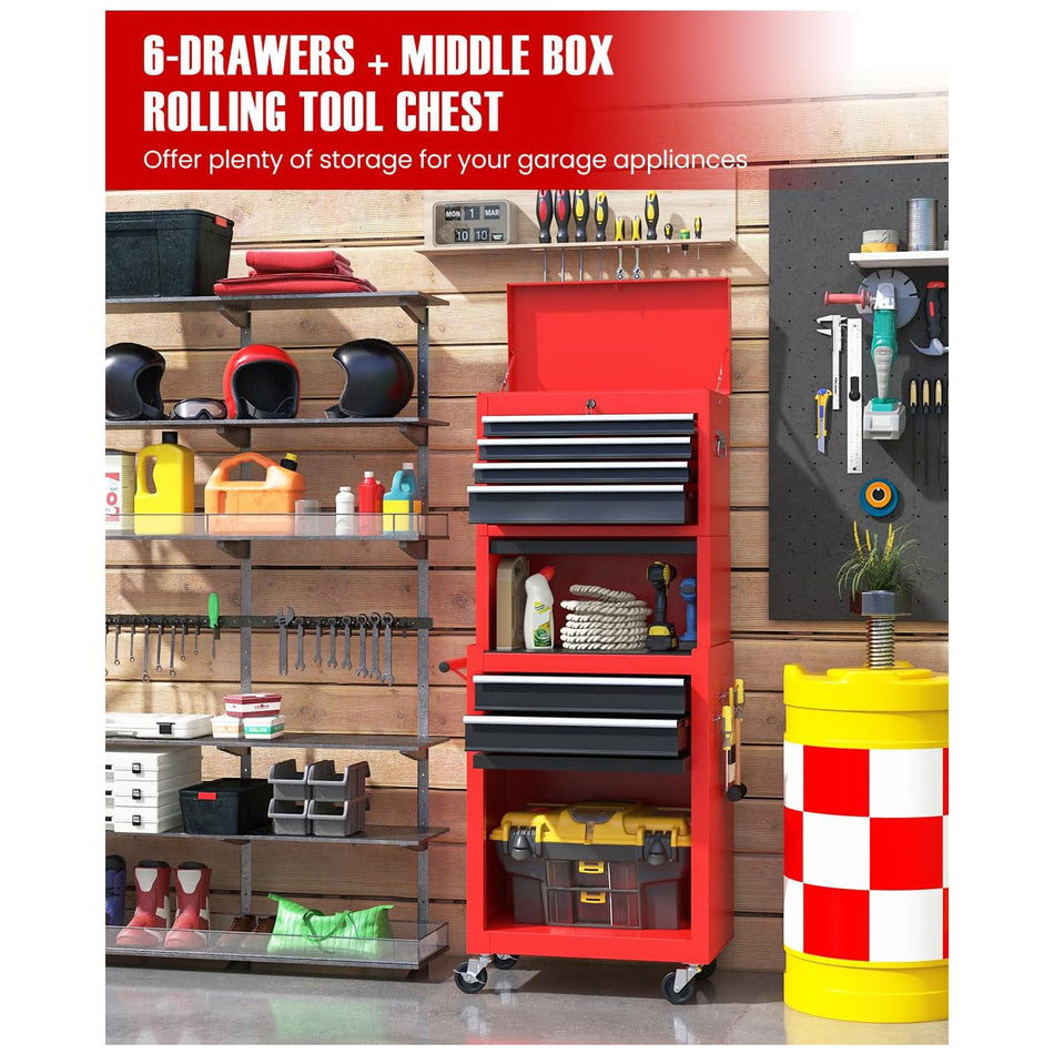 6 Drawer Tool Chest Multifunctional Detachable Tool Chest 3 In 1 Rolling Tool Storage Cabinet With Auto Locking System Lockable Wheels Detachable Top For Garage Workshop Black Red