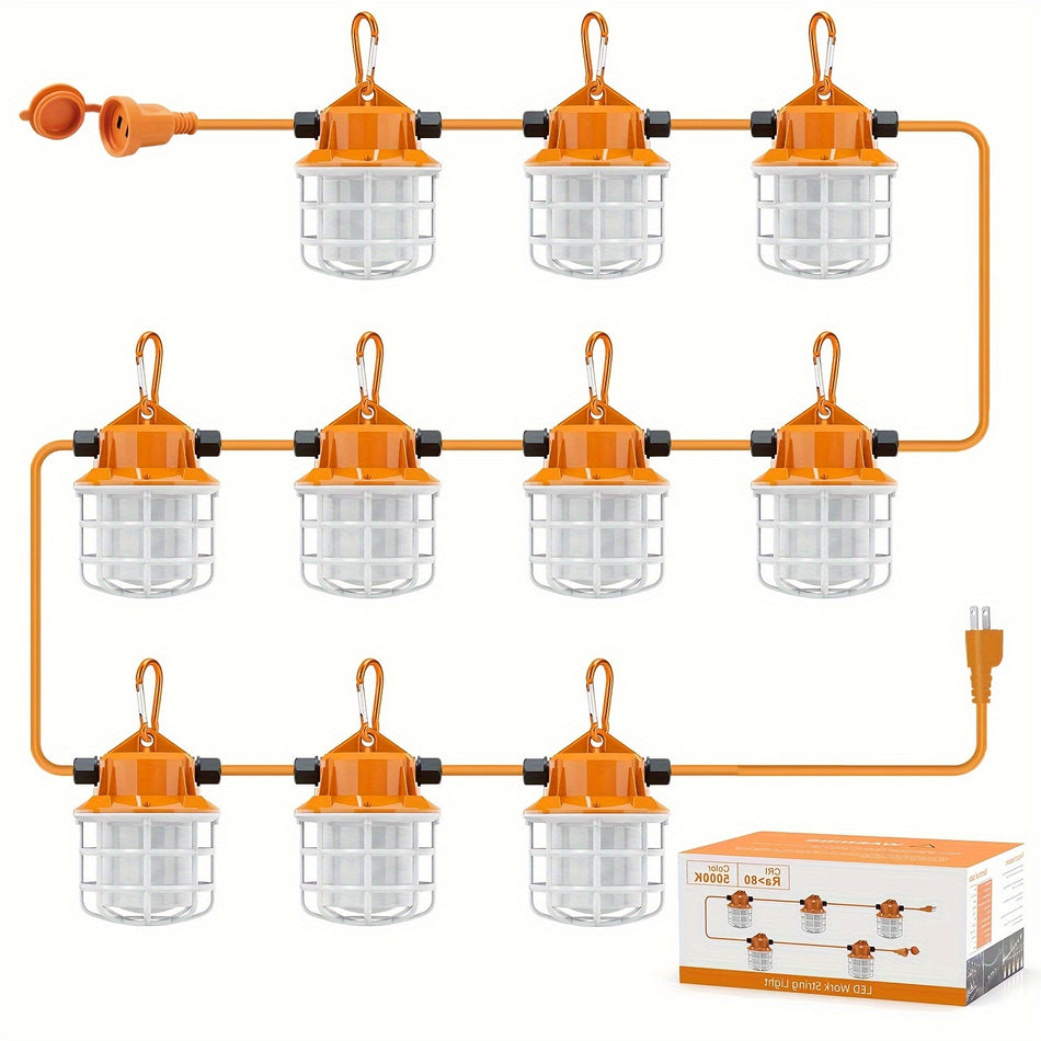 150W Super Bright 100Ft Construction String Lights   15000Lm Led Industrial Grade With 10 Bulbs And Climbing Hook For Construction Sites Temporary Work Indoors Renovation Jobsite And Lighting