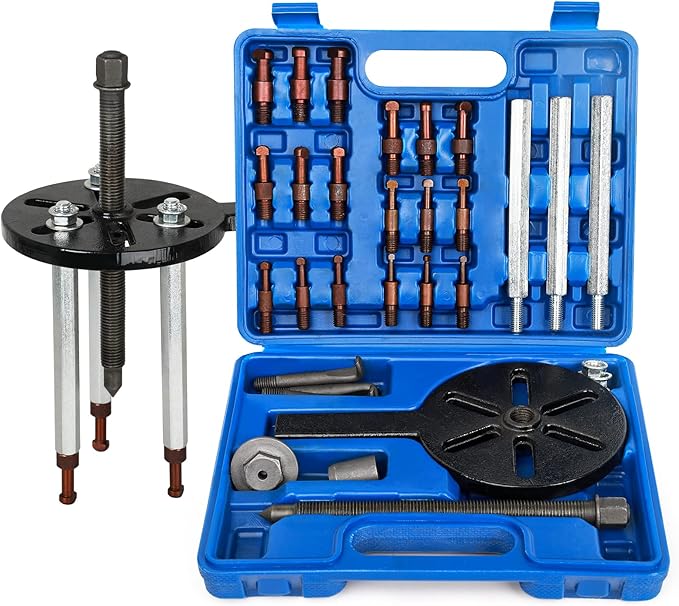 21 In1 Bearing Puller Bearing Puller Set Inner Hole Three Jaw Puller With Curved Hook And Red Steel Collet Multifunctional Bearing Removal Tool With Heavy Duty Portable Storage Case Blue