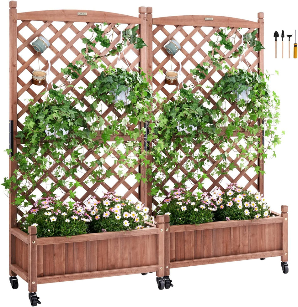 2Pcs Raised Garden Bed With Trellis 60X13X614 Outdoor Raised Wood Planters With Drainage Holes Free Standing Trellis Planter Box For Vine Climbing Plants Flowers In Garden Patio Balcony