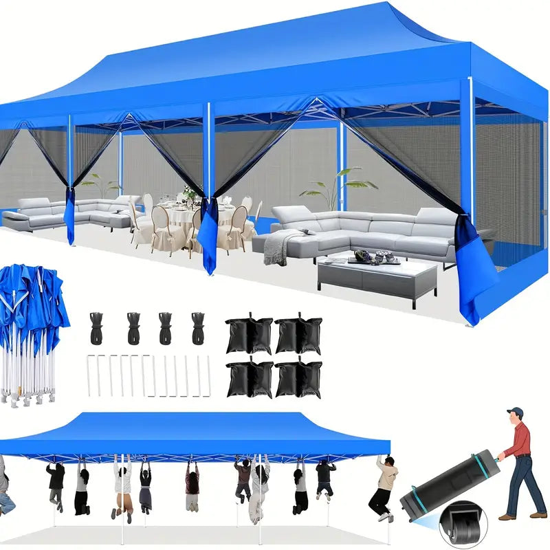 10X30 Pop Up Canopy Tent With Sidewalls Heavy Duty Easy Up Outdoor Gazebo Canopy With Mosquito Net Screen Tents For Parties Commercial Party Tent For Backyard With Roller Bag Sun Shelter For Beach And Outdoor Camping Blue Color