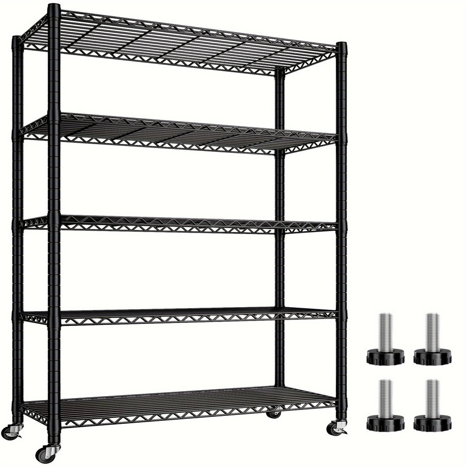 5 Tier Heavy Duty Metal Shelving Unit With Wheels 76H X 36W X 16D Adjustable Storage Rack For Garage Or Workshop Supports Up To 2100Lbs Durable Steel Construction Black Finish