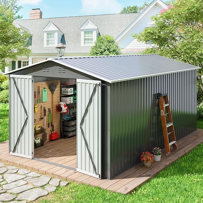 10X12 Ft Outdoor Storage Shed Large Metal Tool Sheds With Updated Frame Structure And Lockable Doors Garden Shed