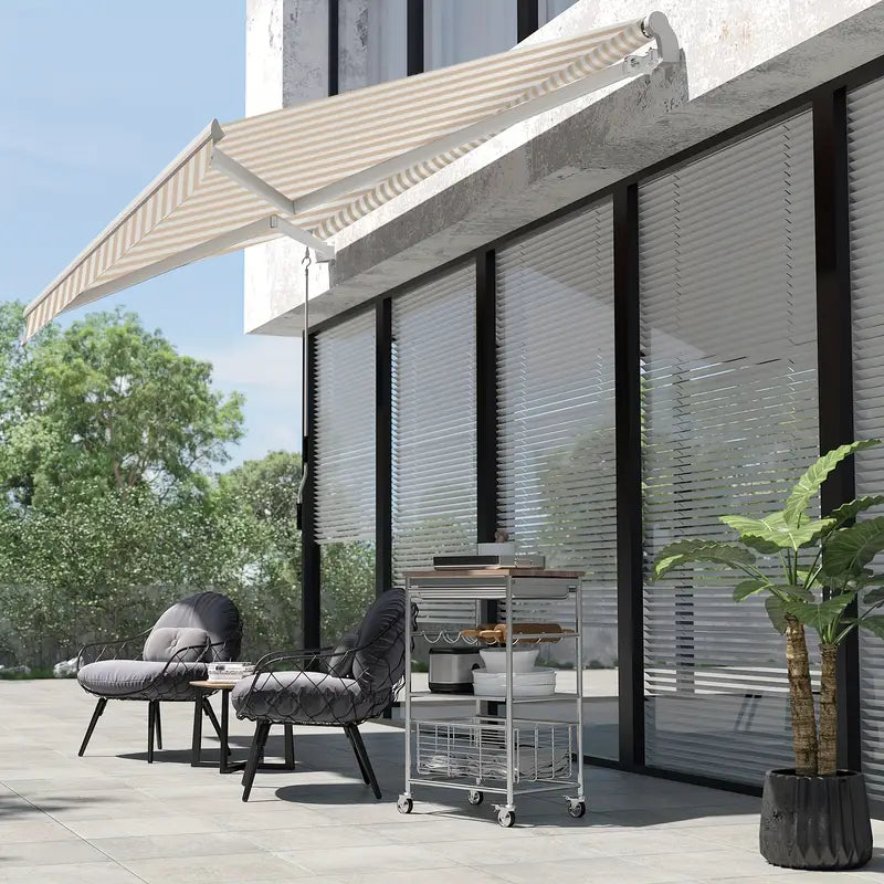 13 X 8 Retractable Awning Patio Awnings Sunshade Shelter W Manual Crank Handle Uv Water Resistant Fabric And Aluminum Frame Beige Stripes Color