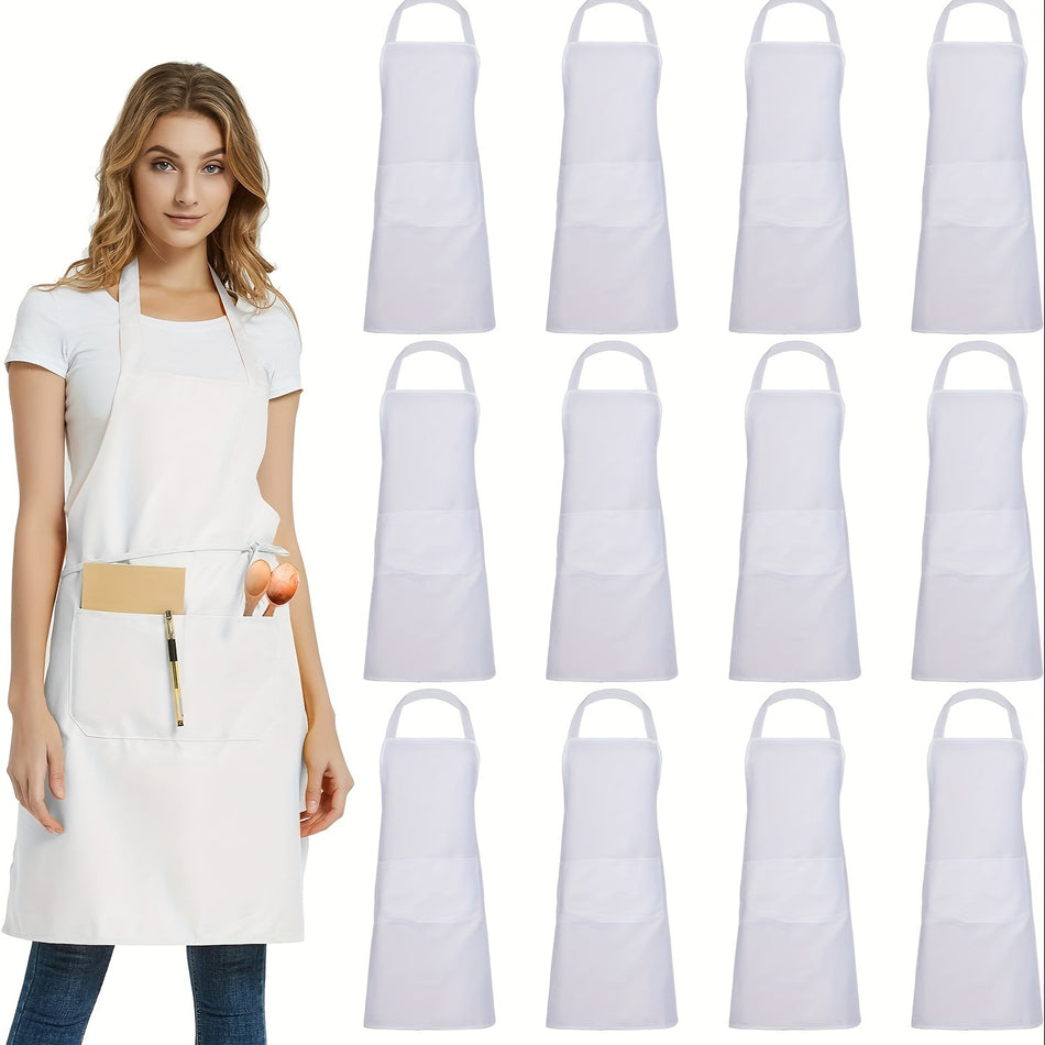12 Pack Unisex Apron   Adjustable Waterdrop Resistant Apron With 2 Pockets For Chef Bbq Drawing   Cooking Kitchen Apron Bulk White 12Pcs