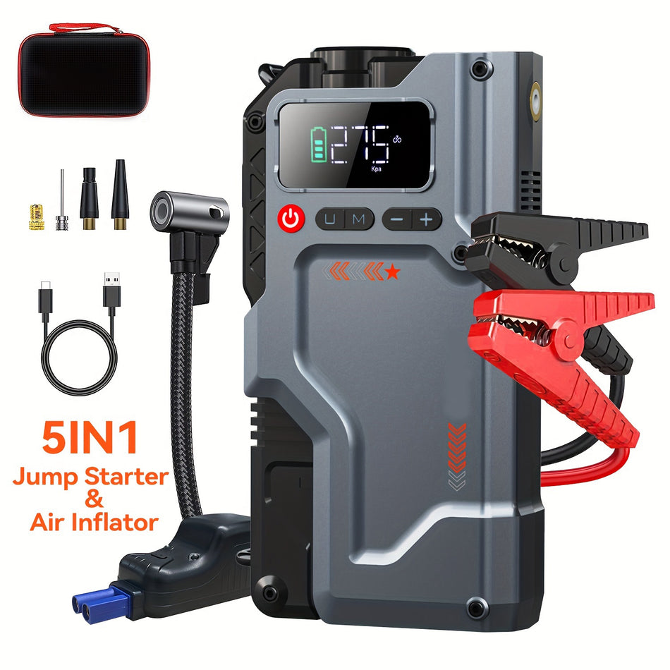 5000A Portable Jump Starter With 150Psi Air Compressor Digital Display Type C Fast Charging Durable Insulated Car Battery Charger For 264Gal Gas Or 238Gal Diesel Engines Includes Redblack Cables And Inflation Hose Black Color