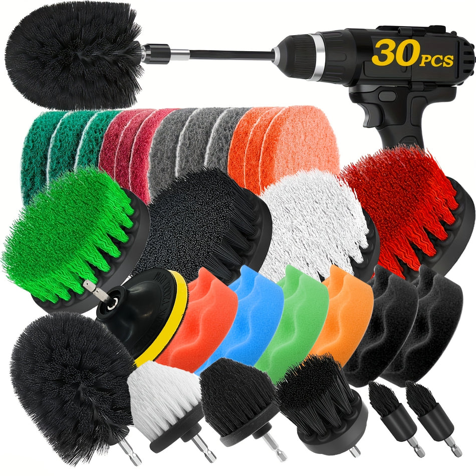 30Pcs Drill Brush Attachments Set Power Scrubber With Extension Car Polishing Kit Black Scrub Pads Sponges Buffing Pads Cleaning Supplies For Shower Scrubbing Tile And Grout Brushes Black