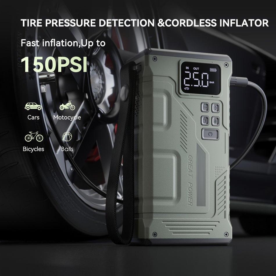 5000A Portable Jump Starter With 150Psi Air Compressor Digital Display Type C Fast Charging Durable Insulated Car Battery Charger For 264Gal Gas Or 238Gal Diesel Engines Includes Redblack Cables And Inflation Hose Green Color
