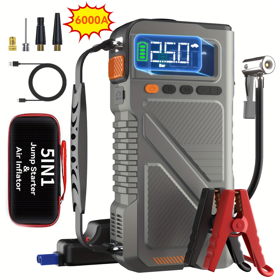 5000A Portable Jump Starter With 150Psi Air Compressor Digital Display Type C Fast Charging Durable Insulated Car Battery Charger For 264Gal Gas Or 238Gal Diesel Engines Includes Redblack Cables And Inflation Hose Grey Color