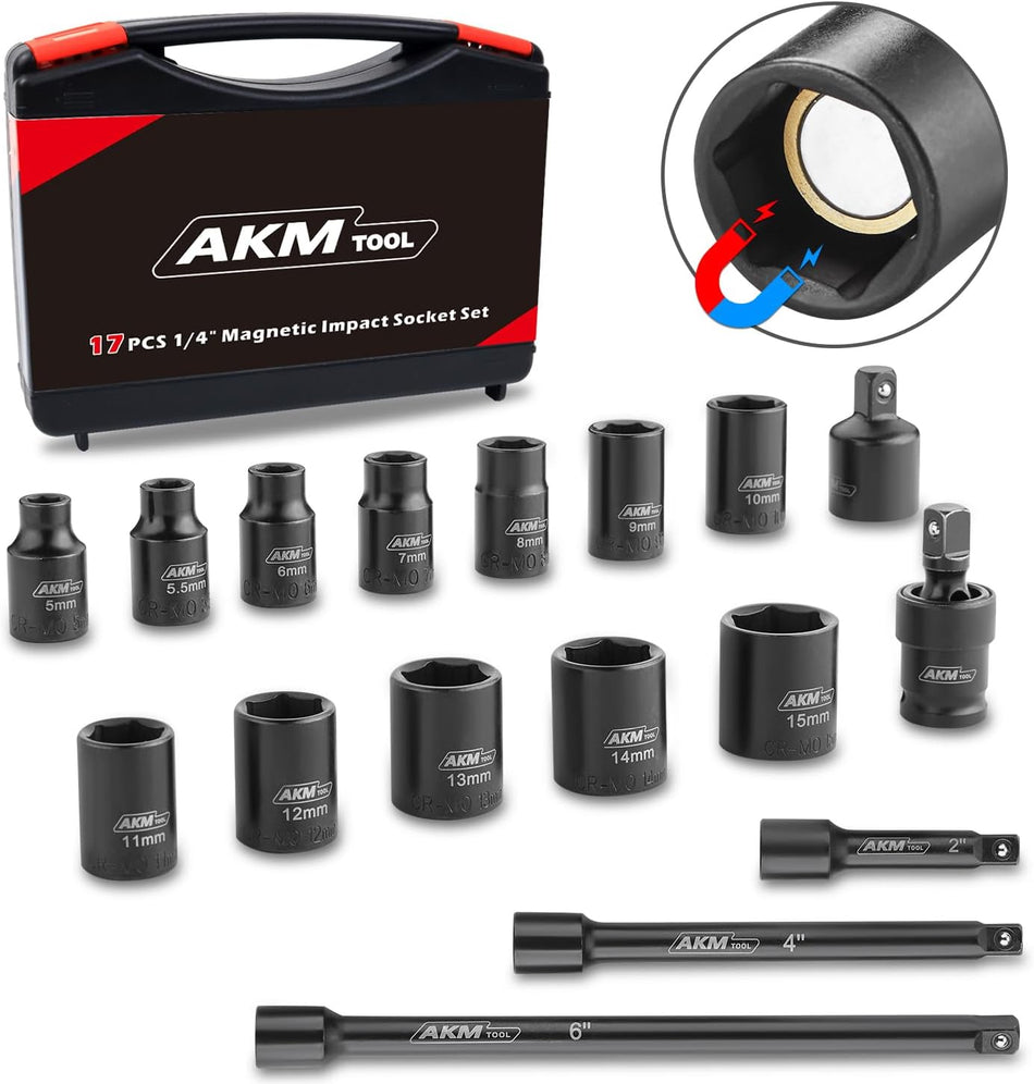 14 Inch Drive Magnetic Impact Socket Set 17 Piece Metric 5Mm 15Mm 6 Point Cr Mo Square Drive Magnetic Socket With Impact Socket Adapter Universal Joint Extension