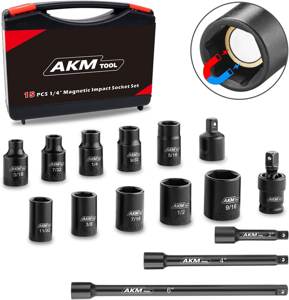 14 Inch Drive Magnetic Impact Socket Set 15 Piece Sae 14 Inch 916 Inch 6 Point Cr Mo Square Drive Magnetic Socket With Impact Socket Adapter Universal Joint Extension
