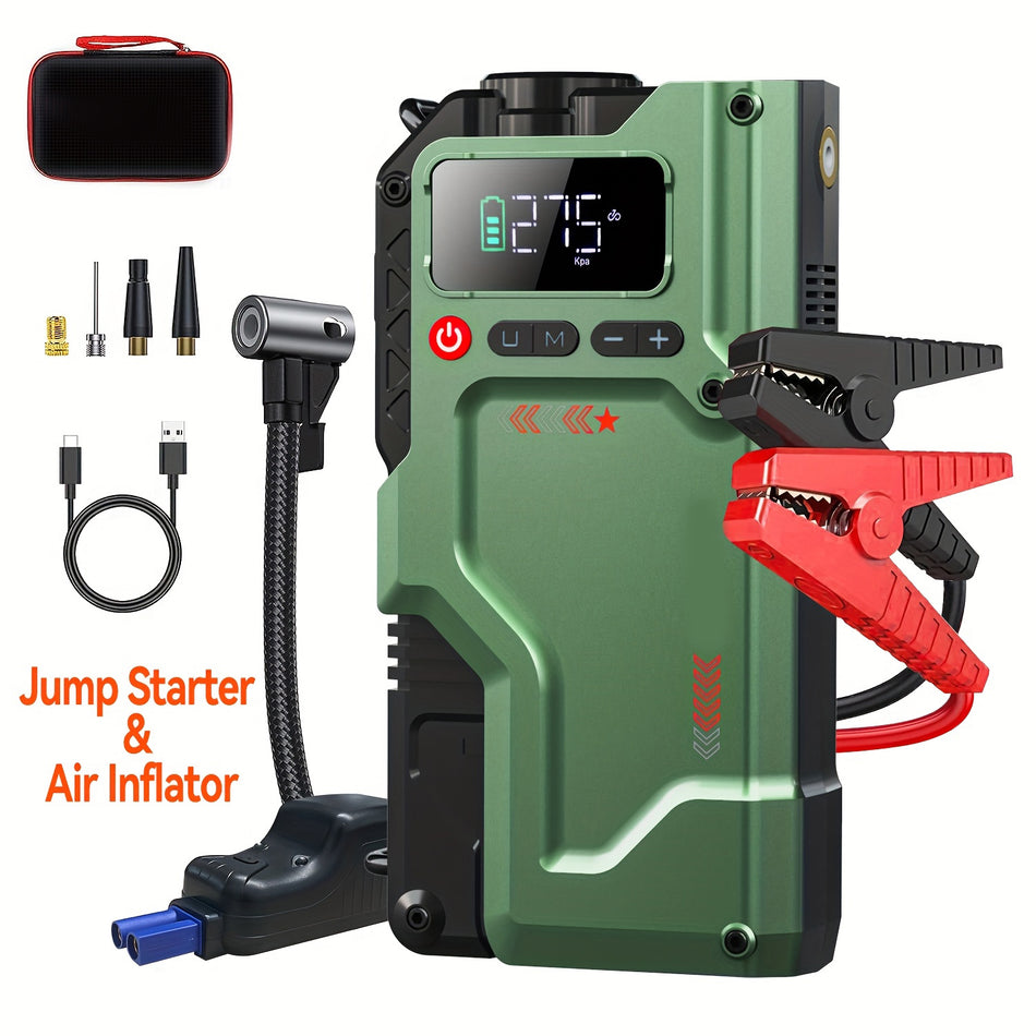 5000A Portable Jump Starter With 150Psi Air Compressor Digital Display Type C Fast Charging Durable Insulated Car Battery Charger For 264Gal Gas Or 238Gal Diesel Engines Includes Redblack Cables And Inflation Hose V5 Green Color