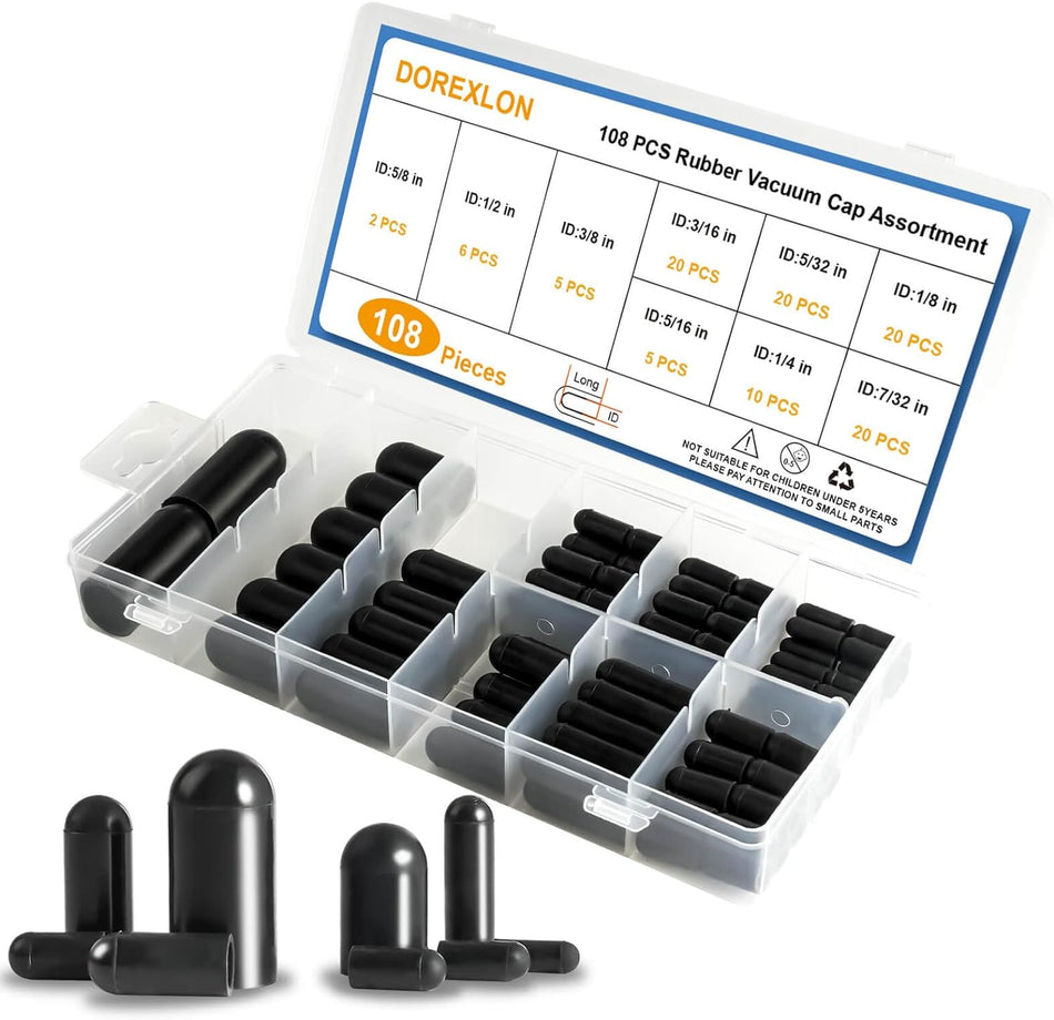108Pcs Vacuum Caps Assortment Vacuum Plugs Hose End Cap Rubber Vacuum Caps Kit For Carburetor Manifold Automotive 316 516 732 14 532 38 18 12 58