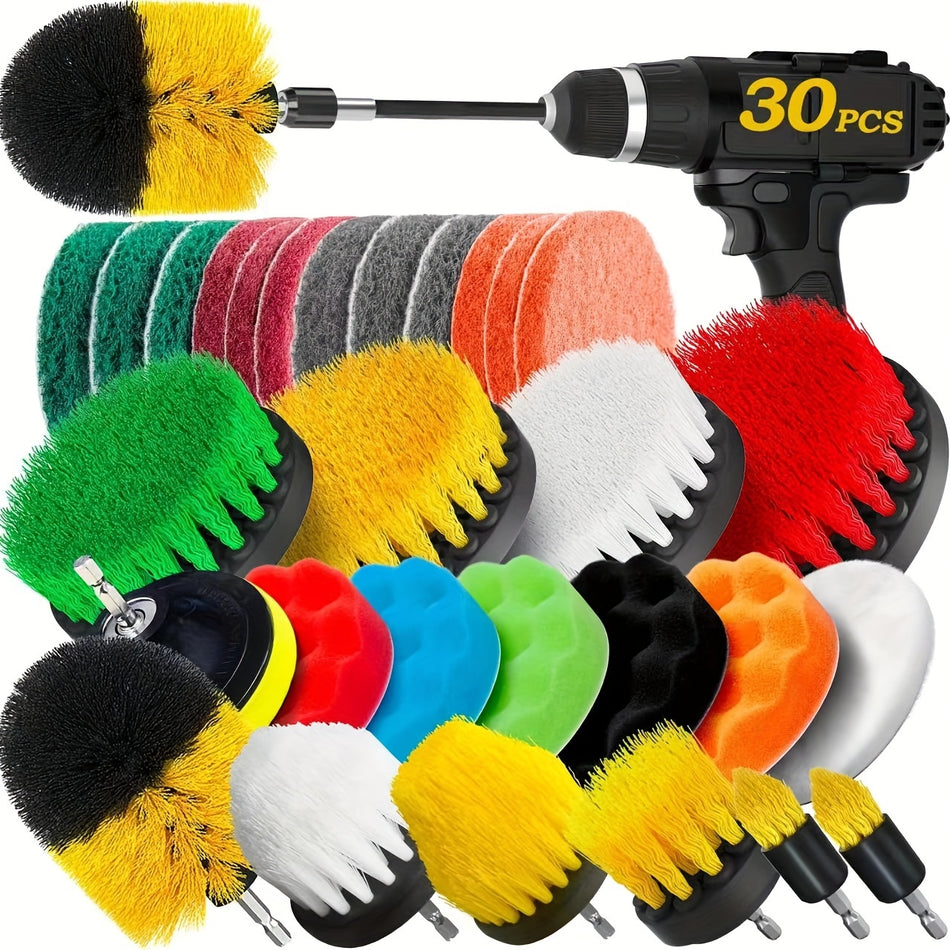 30Pcs Drill Brush Attachments Set Power Scrubber With Extension Car Polishing Kit Scrub Pads Sponges Buffing Pads Cleaning Supplies For Shower Scrubbing Tile And Grout Brushes Yellow