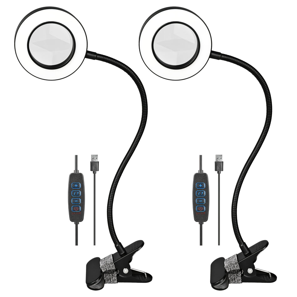2Pcs 5X Magnifying Glass Lamp With Light Magnifier Light With Clip Adjustable Flexible Gooseneck 3 Color Modes Magnifying Lamp With Usb Powered Hands Free Desk Lamp For Hobbies Crafts Reading And Close Work Black