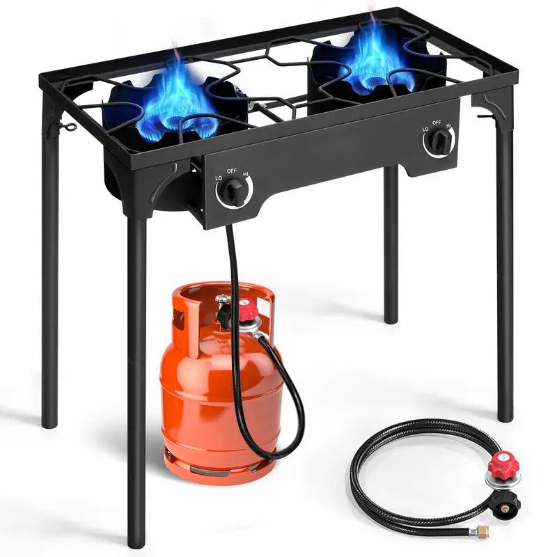 2 Burner Propane Gas Stove For Outdoor Cooking 225 000 Btu Camping Cooker With Removable Legs Adjustable Psi Regulator For Backyard Cooking Bbq Baking Frying