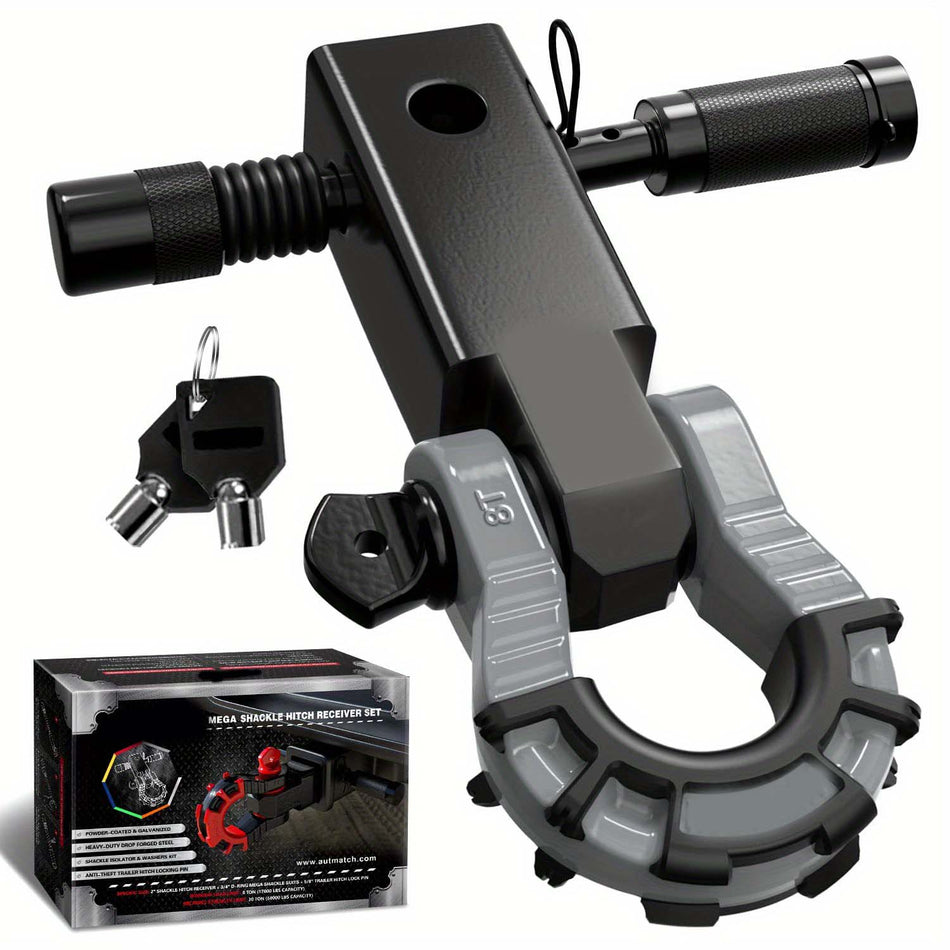 Shackle Hitch Receiver 2 Inch With 34 Mega D Ring Shackle And 58 Trailer Hitch Lock Pin 68 000 Lbs Break Strength Heavy Duty Receiver Kit For Vehicle Recovery Black Gray Color