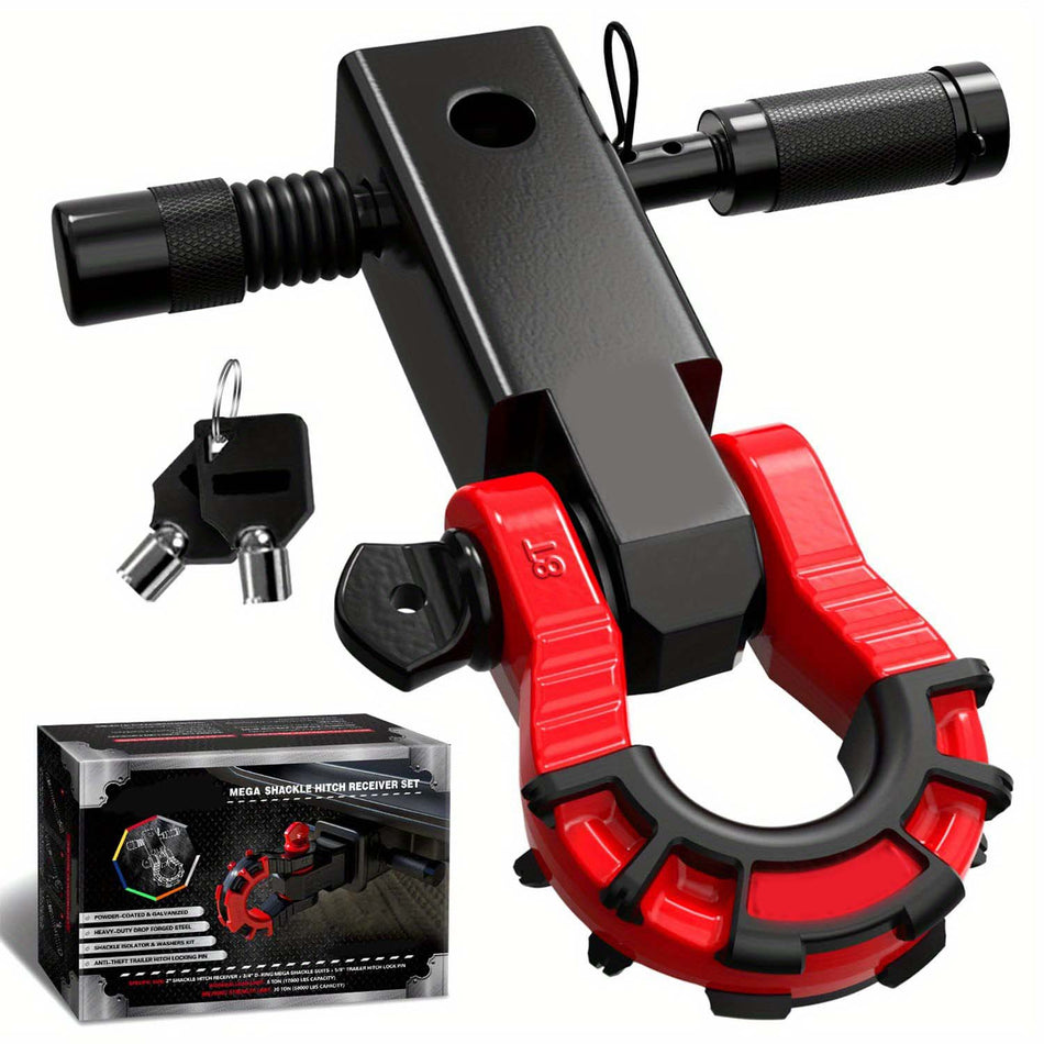 Shackle Hitch Receiver 2 Inch With 34 Mega D Ring Shackle And 58 Trailer Hitch Lock Pin 68 000 Lbs Break Strength Heavy Duty Receiver Kit For Vehicle Recovery Black Red Color