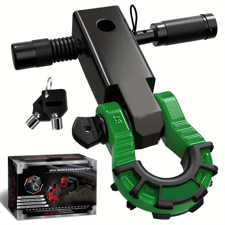 Shackle Hitch Receiver 2 Inch With 34 Mega D Ring Shackle And 58 Trailer Hitch Lock Pin 68 000 Lbs Break Strength Heavy Duty Receiver Kit For Vehicle Recovery Black Dark Green Color