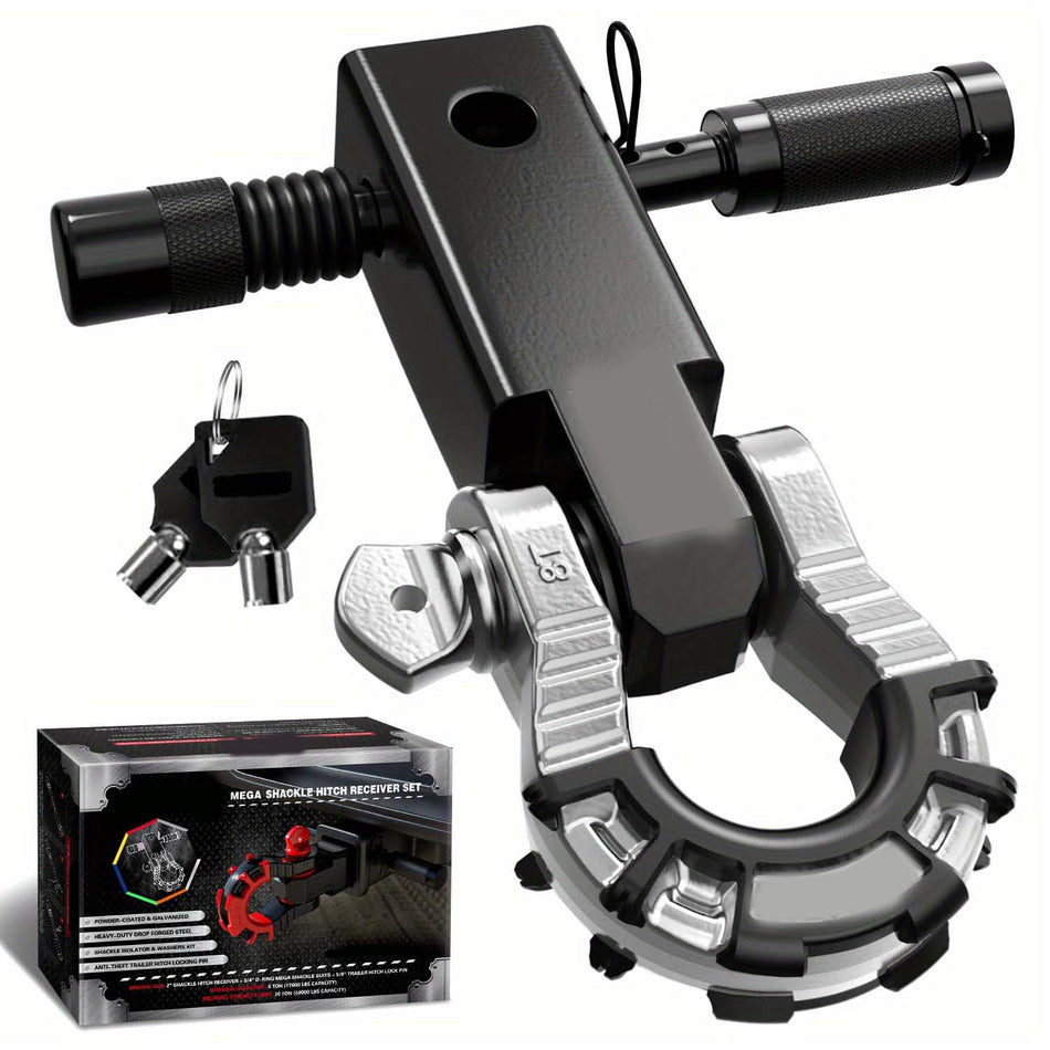Shackle Hitch Receiver 2 Inch With 34 Mega D Ring Shackle And 58 Trailer Hitch Lock Pin 68 000 Lbs Break Strength Heavy Duty Receiver Kit For Vehicle Recovery Black Silver Color