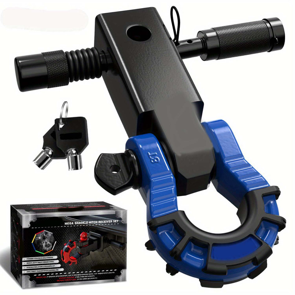Shackle Hitch Receiver 2 Inch With 34 Mega D Ring Shackle And 58 Trailer Hitch Lock Pin 68 000 Lbs Break Strength Heavy Duty Receiver Kit For Vehicle Recovery Black Blue Color