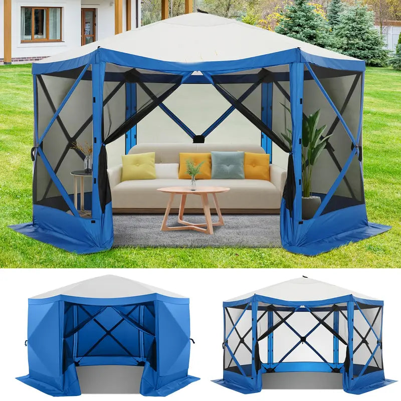 12X12Ft Pop Up Gazebo Screen House Tent With Sidewalls For Camping 6 Sides Pop Up Canopy Shelter Tent Easy Set Portable Gazebo With Carry Bag For Outdoor Parties Lawn And Backyard Sun Shelter For Beach And Outdoor Camping Blue Color