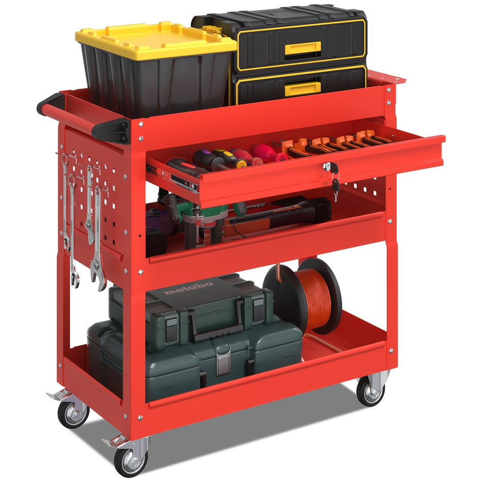 3 Tier Tool Cart On Wheels With Lockable Drawer 450 Lbs Capacity Heavy Duty Utility Cart Rolling Tool Cart Industrial Commercial Service Tool Cart For Mechanics Warehouse Repair Shop Red Color