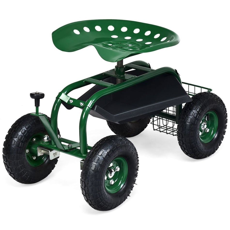 Steerable Garden Cart Wextendable Handle Storage Basket Adjustable Seat 2 Tool Trays 4 Rubber Wheels Garden Rolling Scooter Heavy Duty Rolling Work Seat For Planting Green