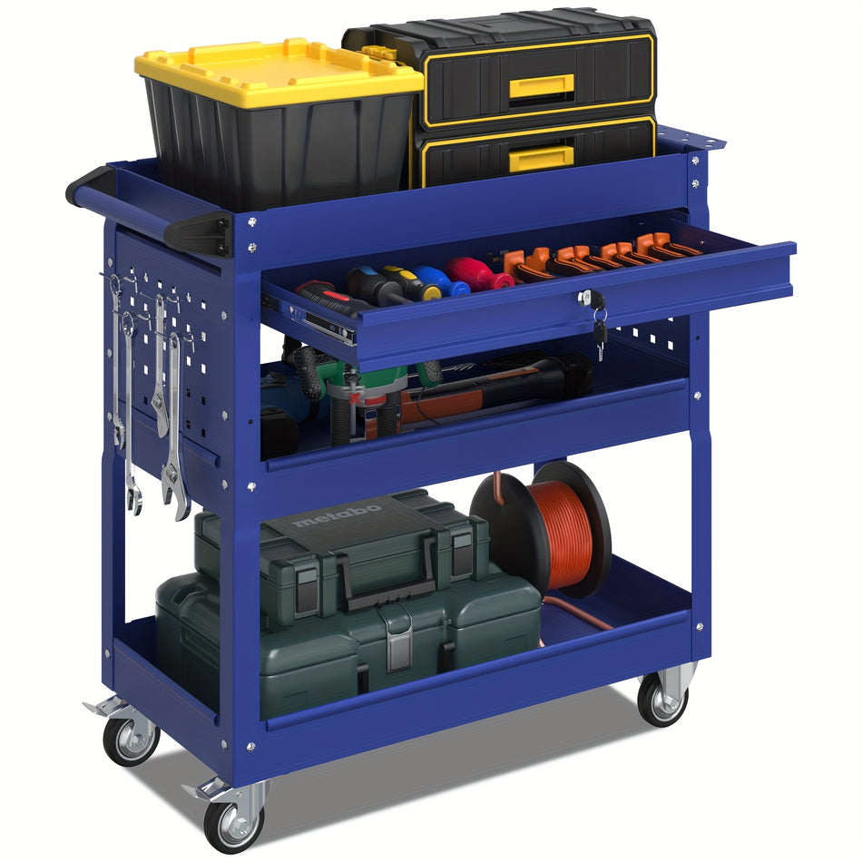 3 Tier Tool Cart On Wheels With Lockable Drawer 450 Lbs Capacity Heavy Duty Utility Cart Rolling Tool Cart Industrial Commercial Service Tool Cart For Mechanics Warehouse Repair Shop Blue Color
