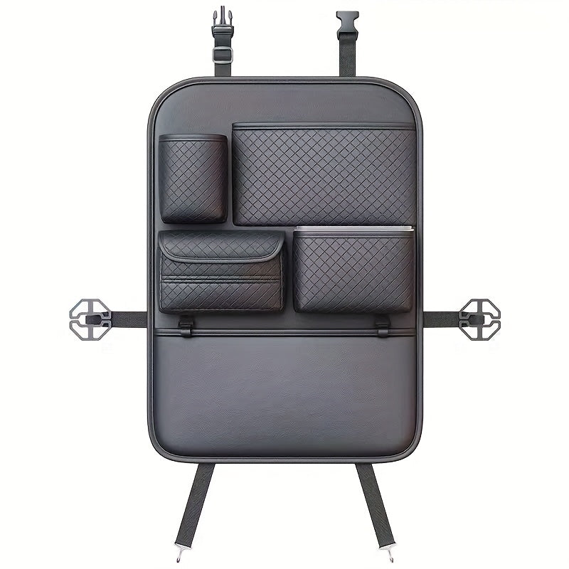 1Pc Car Seat Back Organizer With Diamond Pattern   Faux Leather Multi Compartment Storage Bag For Water Bottles Tablets Laptops And Accessories Black Backseat Organizer Stylish Storage Bag Faux Leather Bag Car Storage