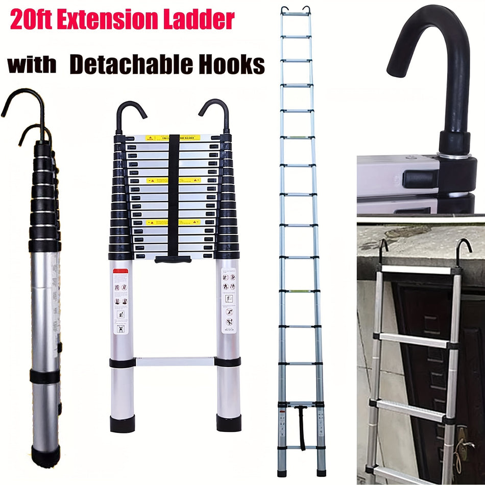 203Ft Telescoping Ladder With 2 Detachable Hooks 62M Aluminum Multi Purpose Extend Folding Step Ladders Extension Ladder Extendable Loft Ladder Safe And Compact Extension And Retraction Design 15 Step 330Lbs Capacity