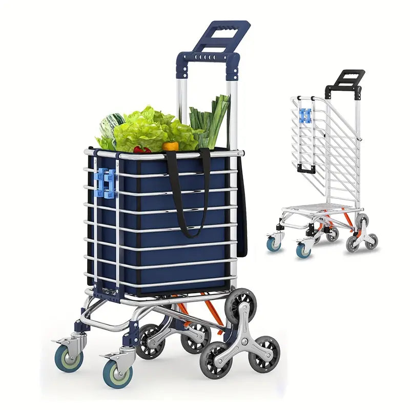 1Pc Durable Metal Folding Shopping Cart With Brake Wheels Lightweight Utility Trolley Collapsible Grocery Cart For Laundry Condo Camping And Transport Blue Color